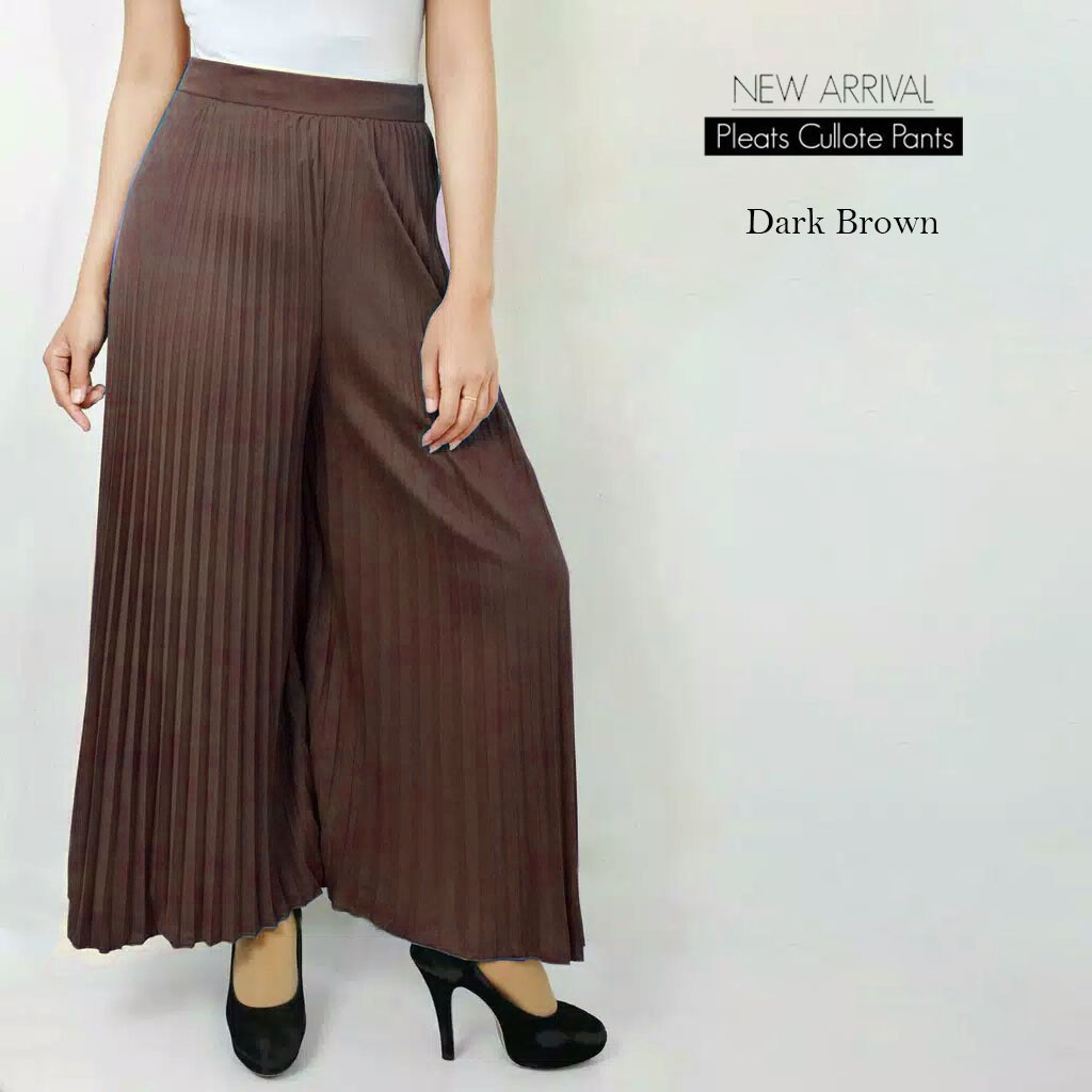 Celana kulot panjang plisket wanita / pleated skirt-DARK BROWN