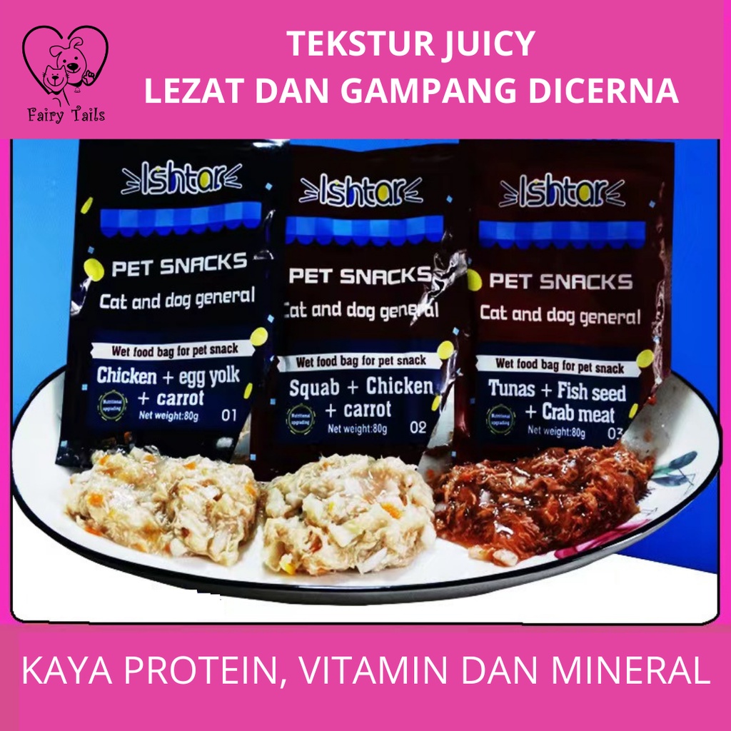 Snack Anjing dan Kucing Makanan Basah Dengan Daging Asli Premium Kemasan Kantong Pouch (Ishtar) Seafood , Ayam , Ikan , Kuning Telur Pengganti Makanan Hewan Kaleng Anjing (Kemasan Lebih Ramah Lingkungan) | Dog Wet Food with Real Meat