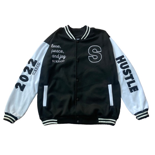 Suke Jacket Varsity Baseball Pria Vintage Hustle Bordir Black