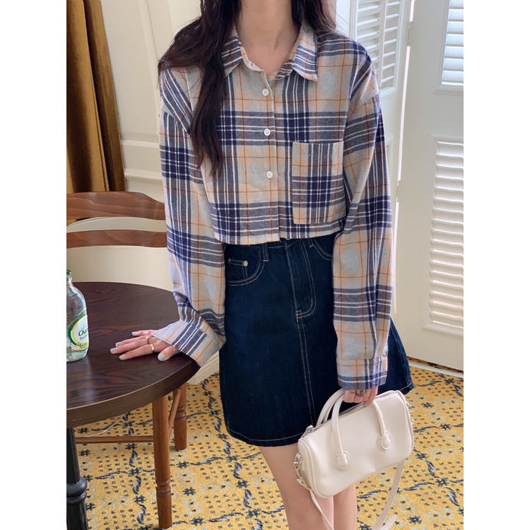 Blouse Crop Import Wanita Kemeja Lengan Panjang Kotak-kotak Casual Shirt Korean Style