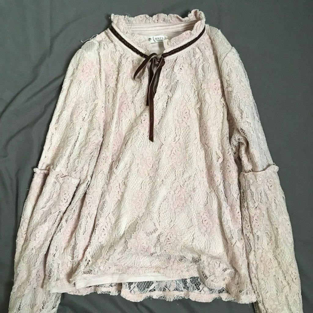 AXES FEMME Vintage soft pink lace bow collar blouse | pink cream soft embroidery top | atasan pita k