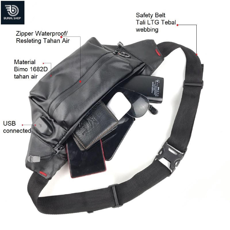 Tas Selempang Waistbag USB Waterproof Terbaru-Bs