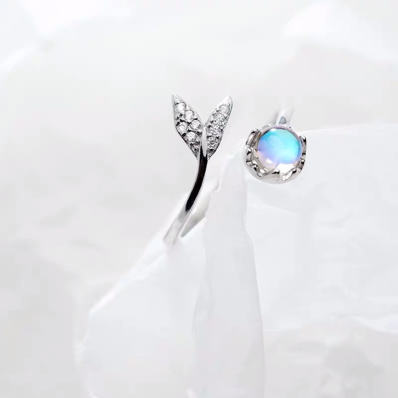 [Korean Mermaid Tail Moonstone Personality Adjustable Opening  Rings For Women] [Ladies Trendy Cute Tail Fairy Ring Inlaid Colored Stone Alloy Ring] [Girls Elegant Personality Party Rings Gifts]