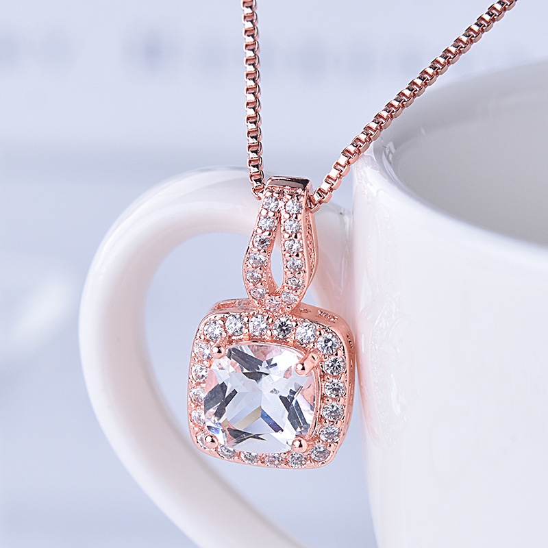 Kalung Rantai Klavikula Hias Liontin Berlian Zirkon Bentuk Persegi Emas Asli Kadar 375Lapis Rose Gold Untuk Wanita