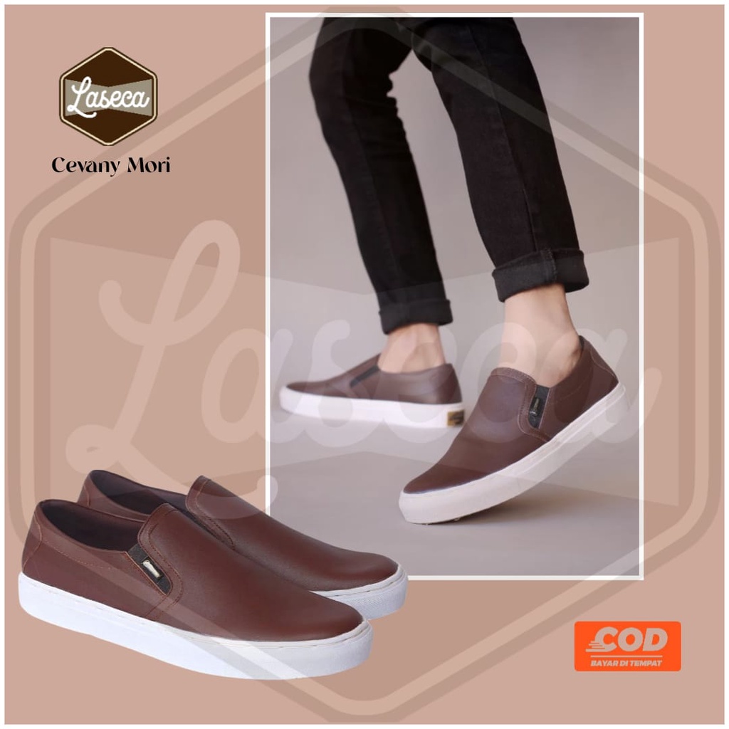 SEPATU CASUAL PRIA KULIT ORIGINAL CEVANY MORI HITAM COKLAT 39 - 43 SLIP ON SLOP TANPA TALI
