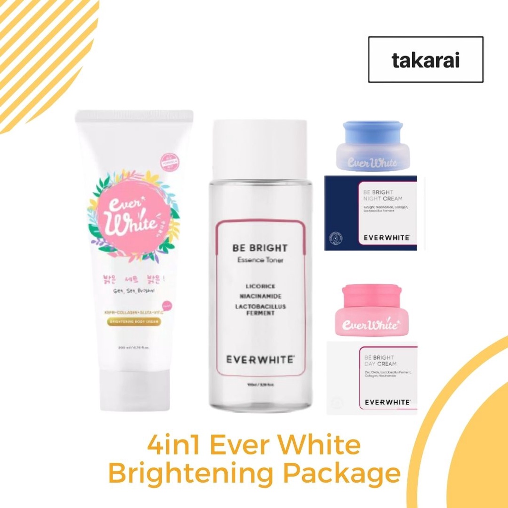 [COD] Everwhite Paket Glowing 4in1 Be Bright l Day + Night Cream + Essence Toner + Facial Wash ORIGINAL BPOM