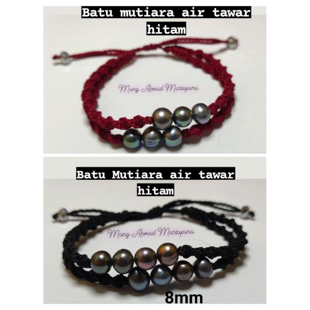 Gelang mutiara hitam 8mm tali Macrame handmade 2 baris original