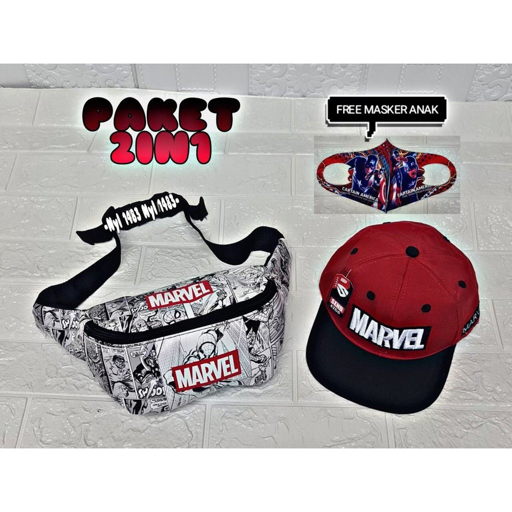 Wesbag anak laki laki, Waist Bag Anak Laki Laki Motif Superhero Marvel dan Topi Anak FREE MASKER