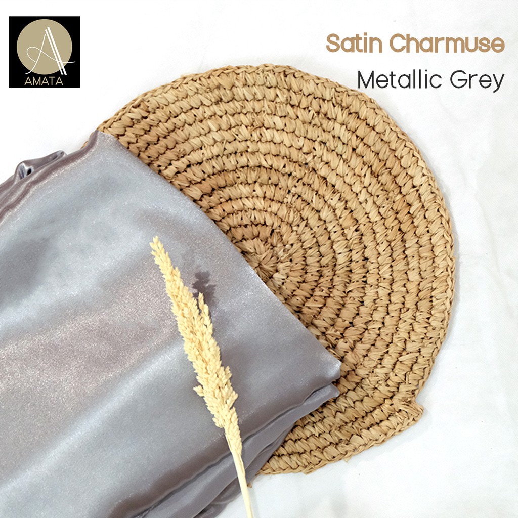 1/2 meter Kain Satin Charmuse / Sateen Silk Premium Metallic Grey Amata