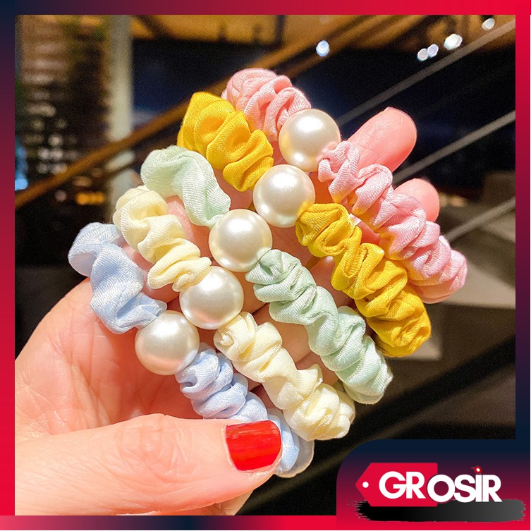 Grosir - F898 Kuncir Rambut Bahan Karet / Ikat Rambut Aksen Mutiara / Karet Fashion Wanita