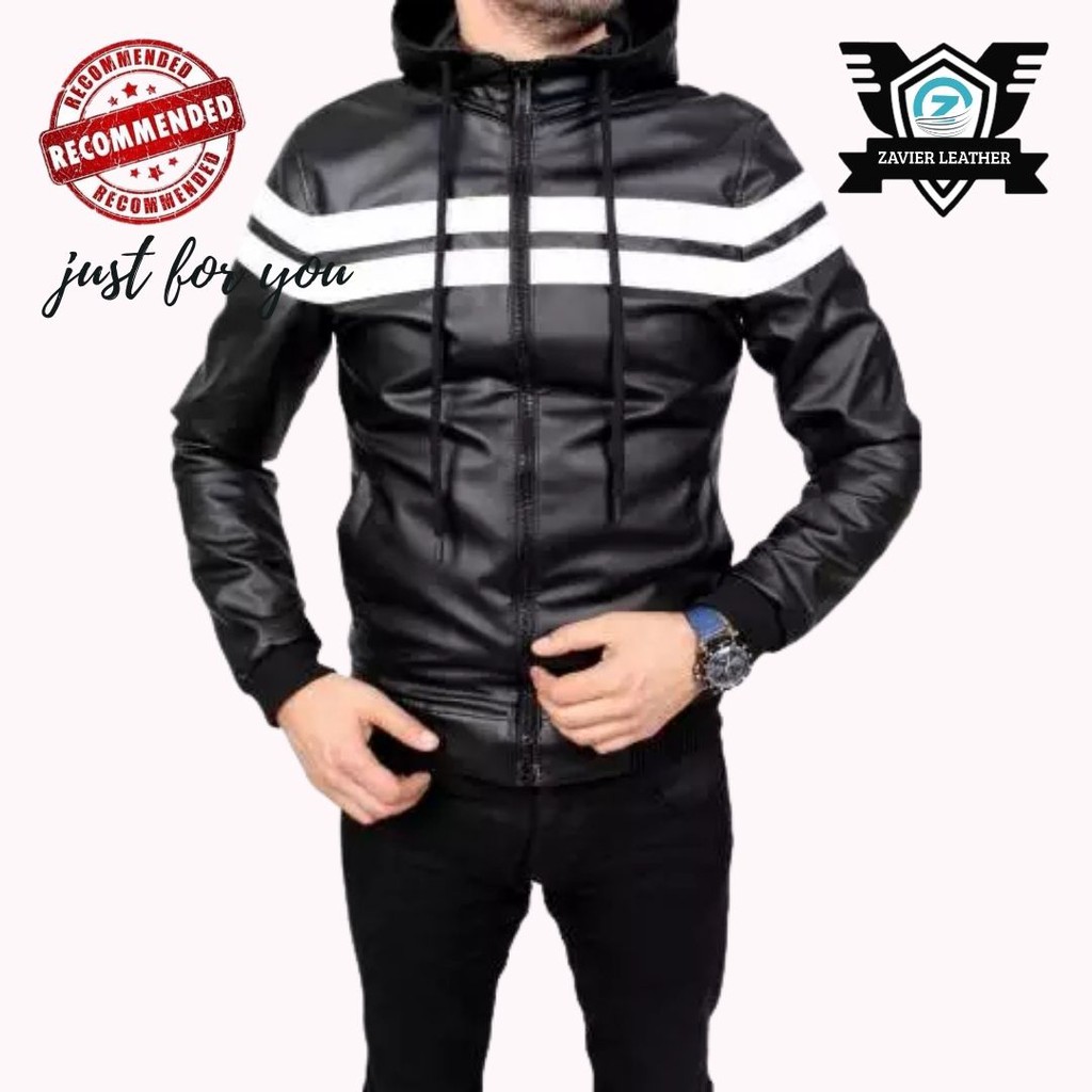 Jaket Kulit Hoodie Pria Line White