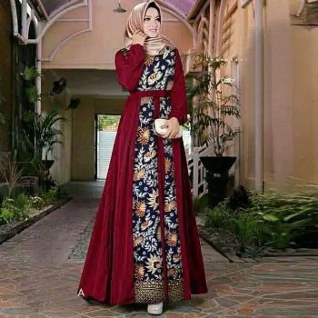 Maxi Gamis Batik Kombinasi Polos Maroon Abu Navy Mocca Dusty Pink