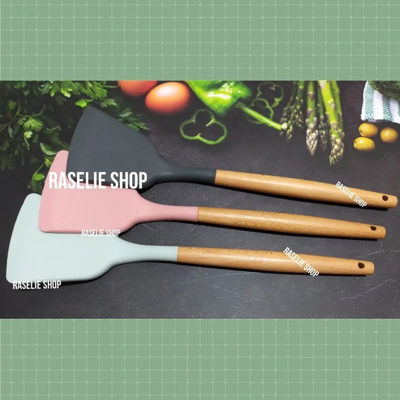 Sodet Sutil Spatula Silikon Silicone Anti Lengket Tahan Panas Gagang Kayu