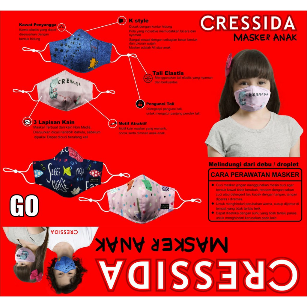 gof CRESSIDA MASKER ANAK Hijab &amp; NON Hijab ISI 2 Masker Anak Katun