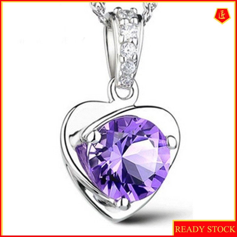 [Ready Stock]Love Heart-Shaped Silver Necklace Women's Korean Fashion Simple Amethyst Pendant
