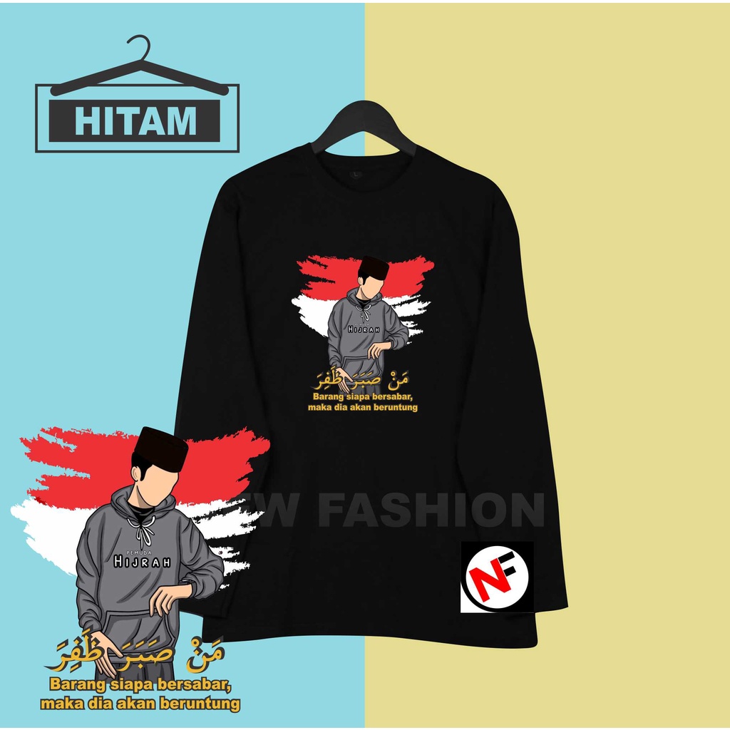 kaos atasan lengan panjang tulisan arab barang siapa bersabar dtf, kaos pesantren, kaos santri, kaos
