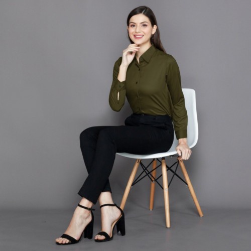 DiyaFashion Blouse Kemeja Wanita Korean Style Lengan Panjang Army Polos-1