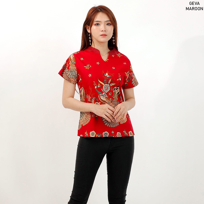 Evercloth Geva Atasan Batik Wanita Blouse Batik Perempuan Model Cheongsam