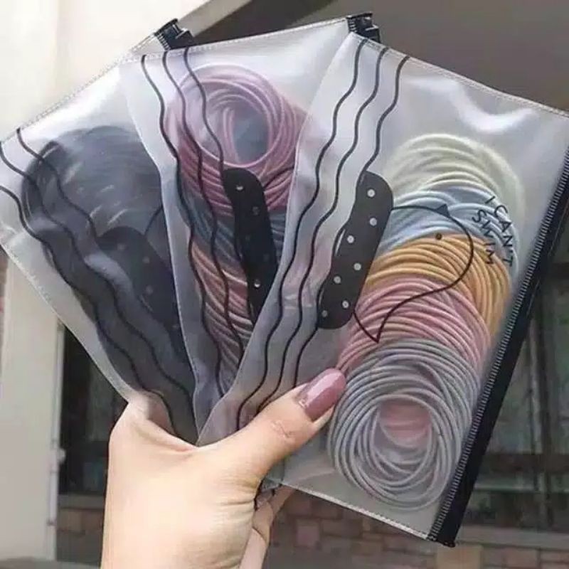 Ikat Rambut Korea Karet  isi 100 pcs Plus Tas Karet Ikat Rambut Polos Elastis Pouch