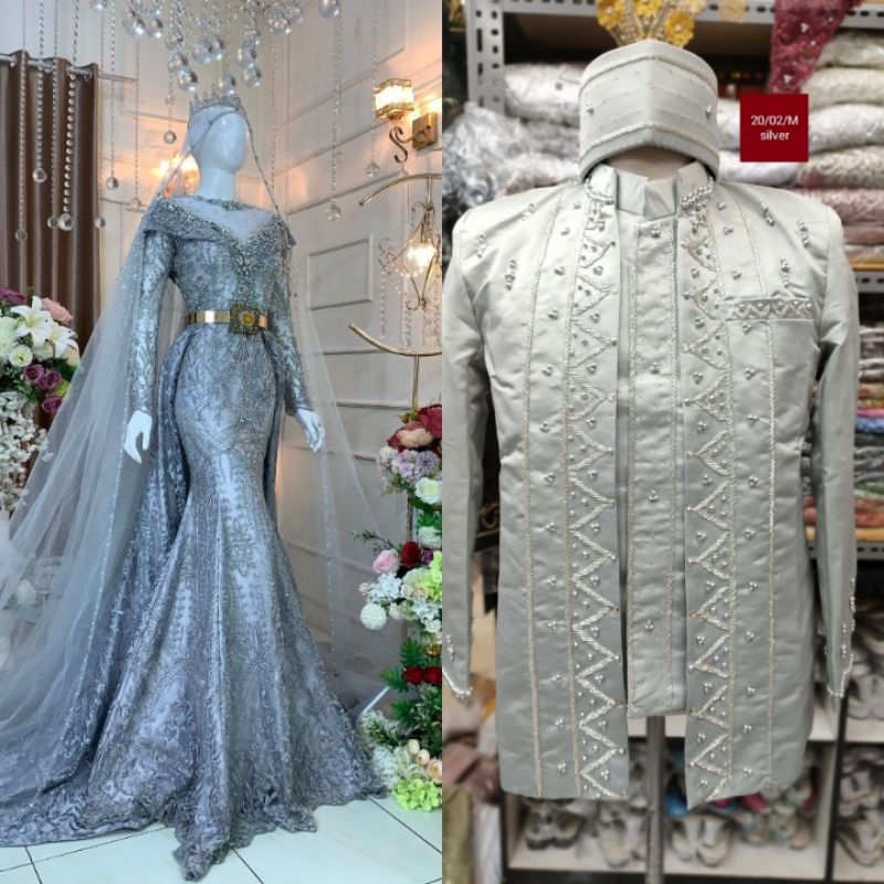 COUPLE WEDDING DRESS NEW MODEL  DUYUNG BEREKOR TERBARU KEBAYA PENGANTIN AKAD NIKAH /BAJU AKAD DRESS MUSLIM/GAUN WEDDING DRESS BEREKOR /SLIM DRESS DUYUNG PAYET JEPANG