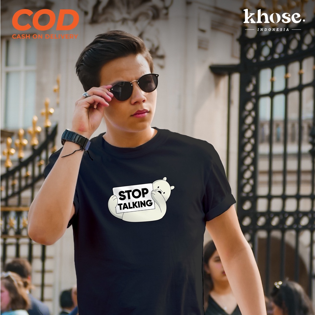 KHOSE Kaos Couple Beruang Putih Stop Talking Kode S-57 / Kaos Pria dan Wanita Oversize