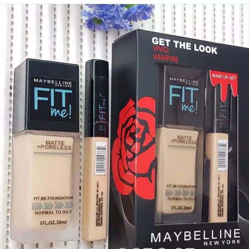 COD Paket Kosmetik Maybelline Fit Me 4 In 1 Bedak Padat Basah Contour Concaeler Fondation + sepon free tas