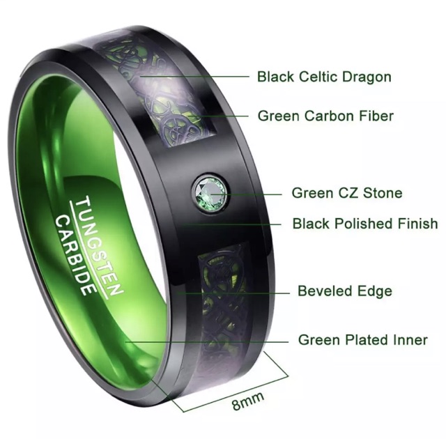 Cincin Pria Tungsten Carbide Original Green Celtic Dragon Cubic Zirconia Premium Quality