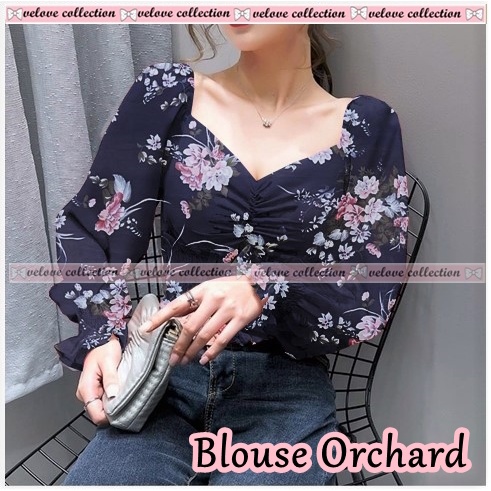 KALANTHA FASHION Chic Chiffon Top Vintage Blouse Wanita Motif Bunga Korean Style-6216 Navy