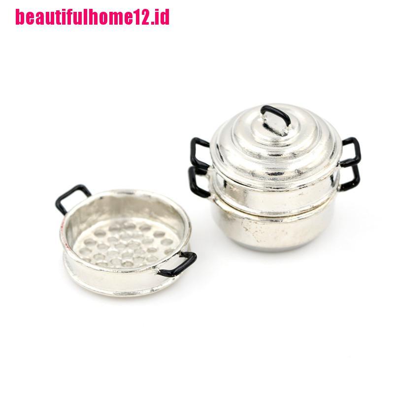 (beautifulhome12.id) Miniatur Steamer 3 Lapis Bahan Metal Untuk Dekorasi Dapur Rumah Boneka 1: 12