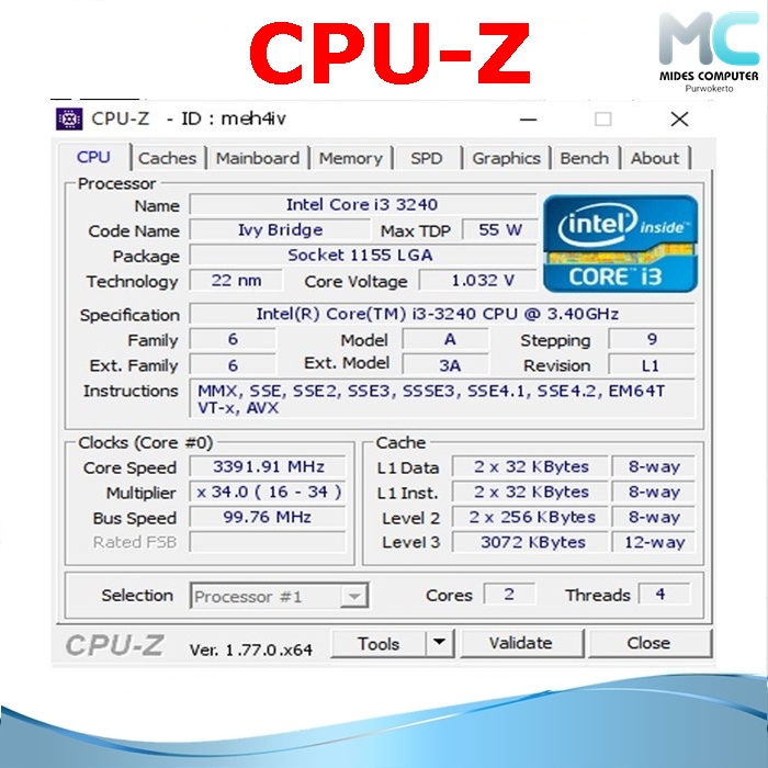 Processor Intel Core I3 3240 3.40 GHz Lga 1155 Dan Fan Intel