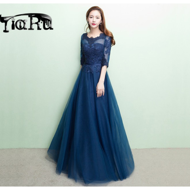 Gaun pengiring pernikahan dan gaun pesta navy blue bridesmaid party singer mc dress