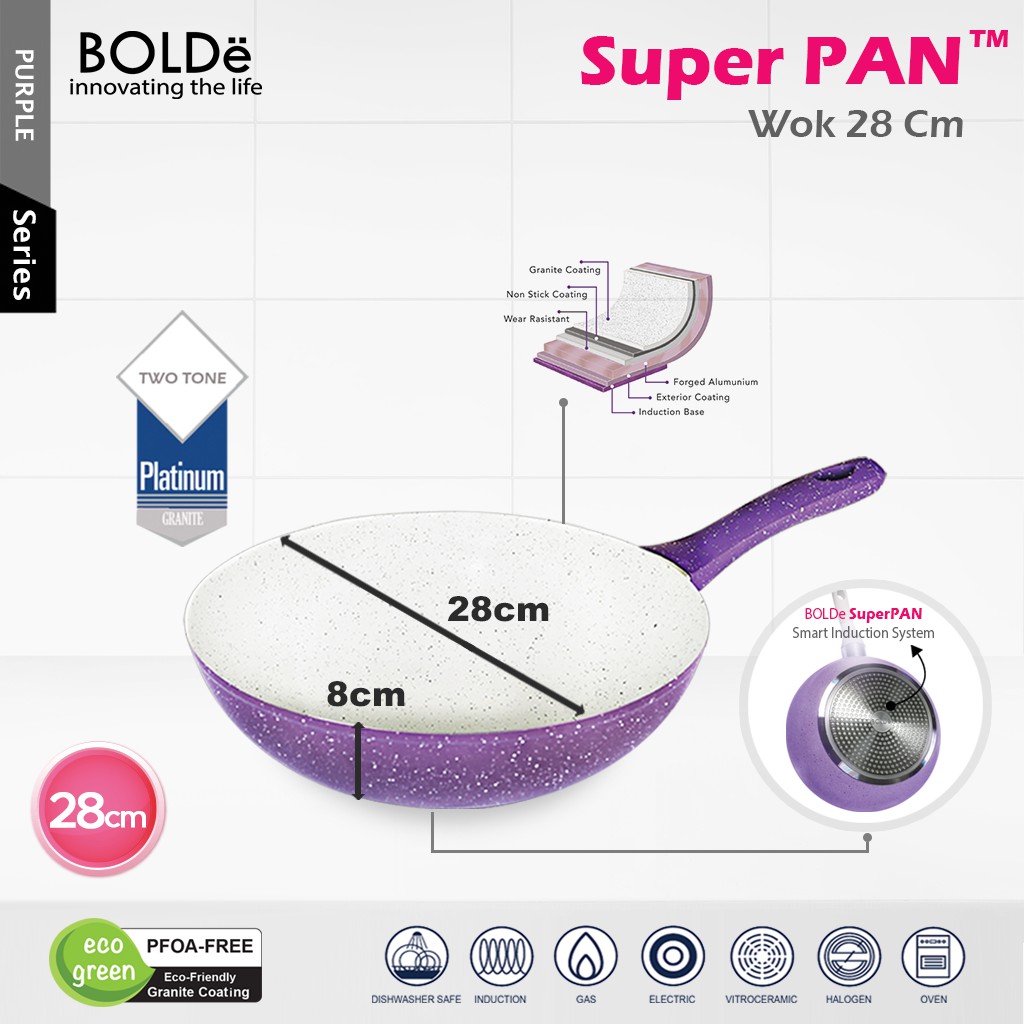 New Bolde Panci / Super Pan Wok Granite Purple / Ungu 28 Cm