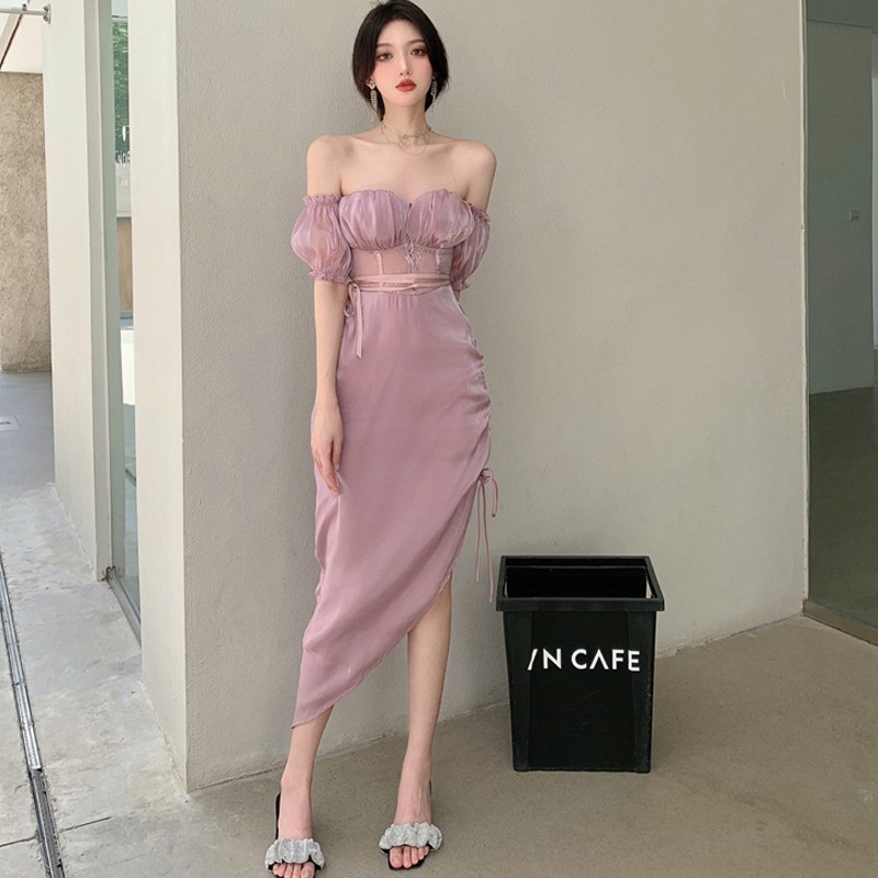 Suhao Gaun Musim Panas Desain Kematangan Cahaya Perancis Baru String Straight Shoulder Bubble Sleeve Gaya Chiffon Dress Wanita Listen