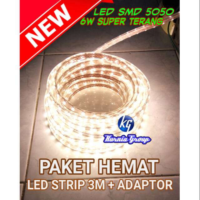 Led Strip Lampu 5050 SMD 3 Meter + Adaptor Stripled Selang Flexible Waterproof  Stripe Light LED Plafon kamar Indor Outdor Nyala Terang Tempel Plapon Pohon Aquarium Etalase Tinggal Colok Paket siap Pakai Kualitas Terbaik Termurah Anti Air AC 220 volt