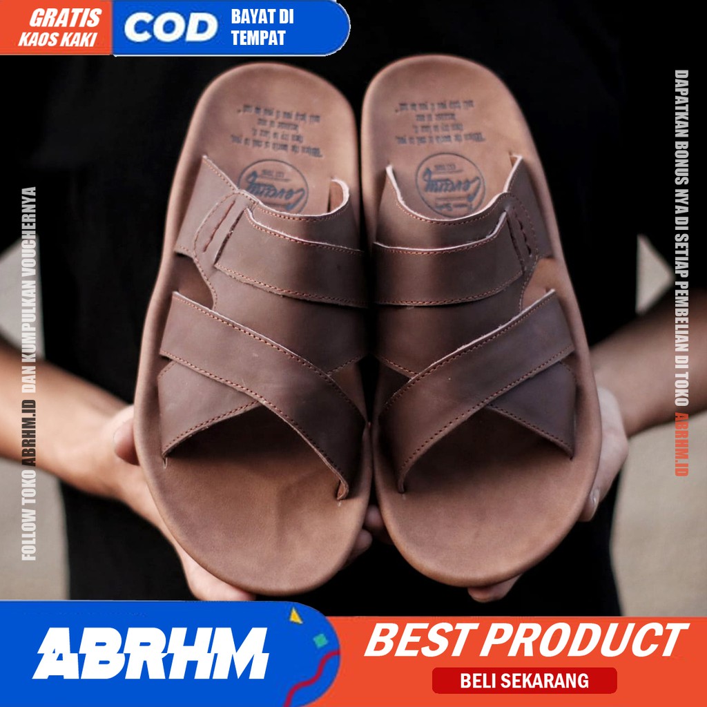 ABRHM x EXCO Sandal Slide Pria Sandal Slop Pria Kulit Asli Sendal Selop Cowok / Cowo Ori Kekinian