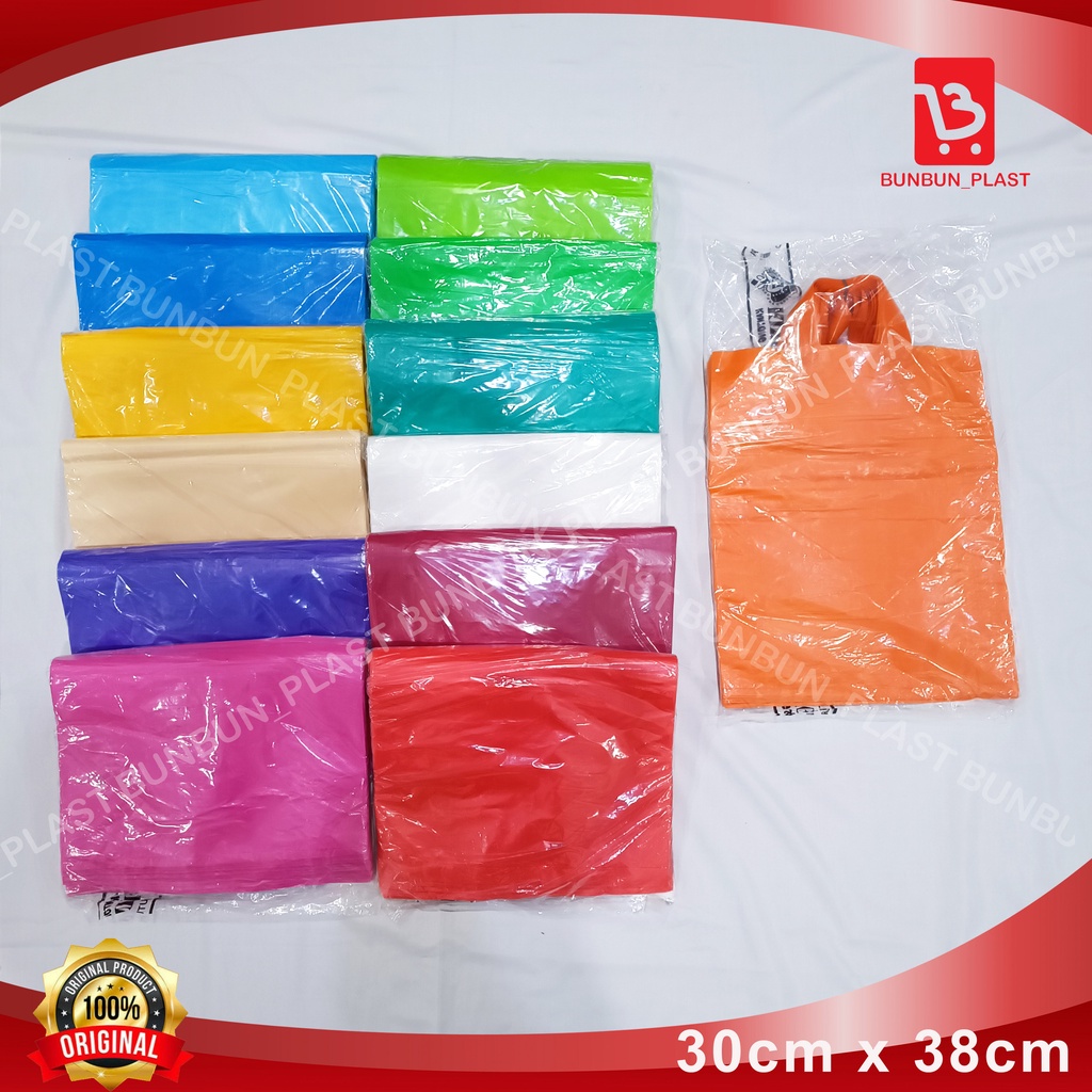 

PLASTIK SOFT HANDLE POLOS uk. 30X38 merk KING SEVEN / Kantong Plastik Handle / Plastik Shopping Bag warna warni