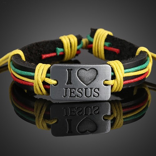 Gelang Unisex: Tulisan I LOVE JESUS Bahan Tali Kulit Rubah Imitasi Yang Dapat Diatur