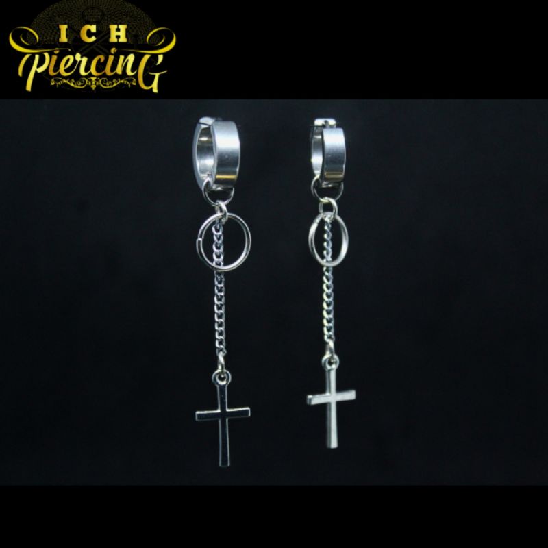 Anting KPOP model salib tindik dan Jepit / Anting salib gantungan / Anting titanium