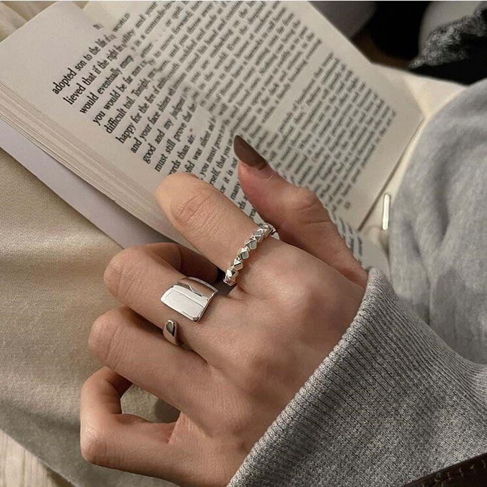 Mxbeauty Wanita Terbuka Cincin Trendi Sederhana Untuk Perempuan Manik-Manik Persegi Retro Hip Hop Jari Perhiasan