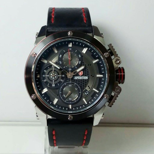 JAM TANGAN PRIA EXPEDITION E 6748 SILVER BLACK LEATHER BLACK RED ORIGINAL GARANSI RESMI 1 TAHUN