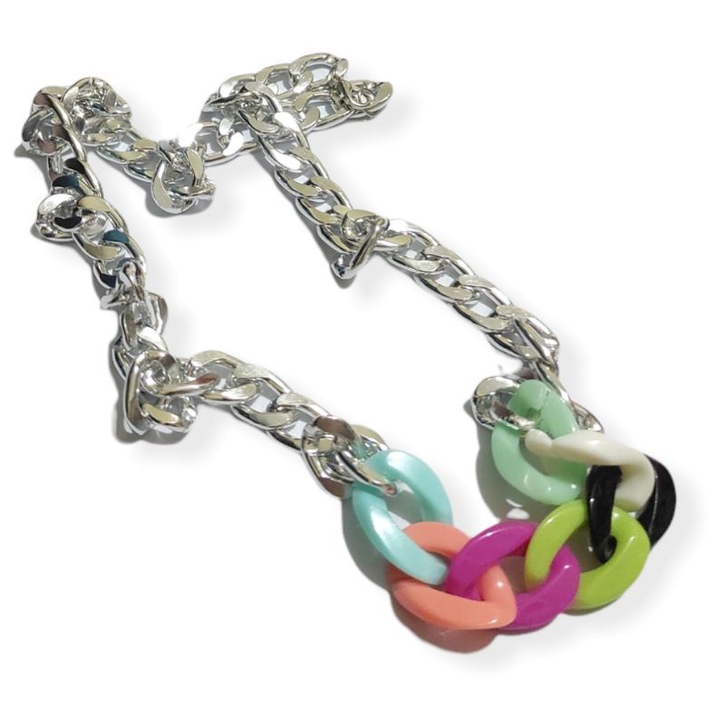 Kalung Rantai Alumunium Kombinasi Colorful Acrilic Dop Chain Warna Warni Hip Hop Playful Pop Colour Necklace Gaya Punk