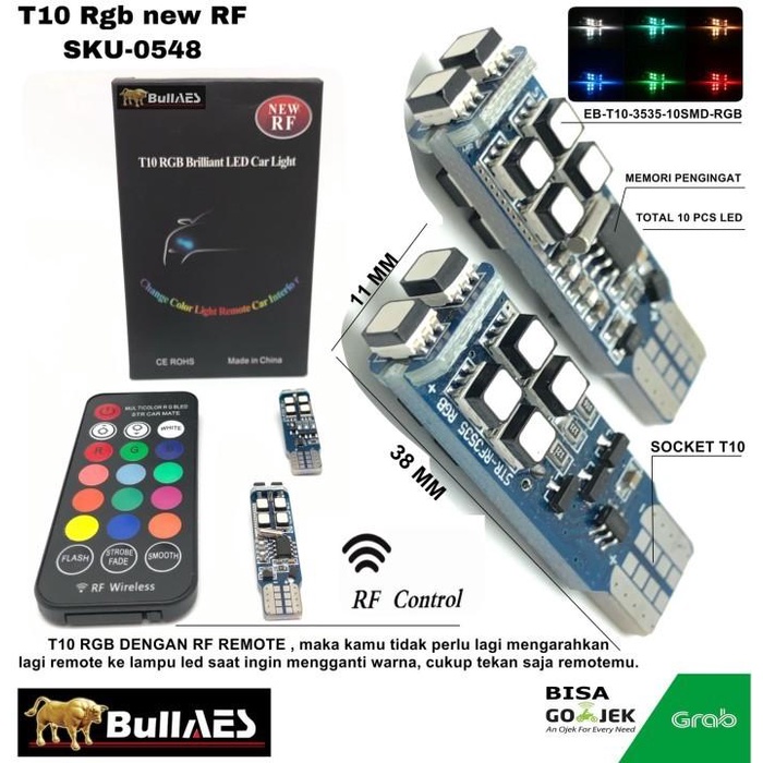Lampu Lampu Led T10 Rgb Rf Wireless New Smd 3535 10 Led Remote Bullaes S0548