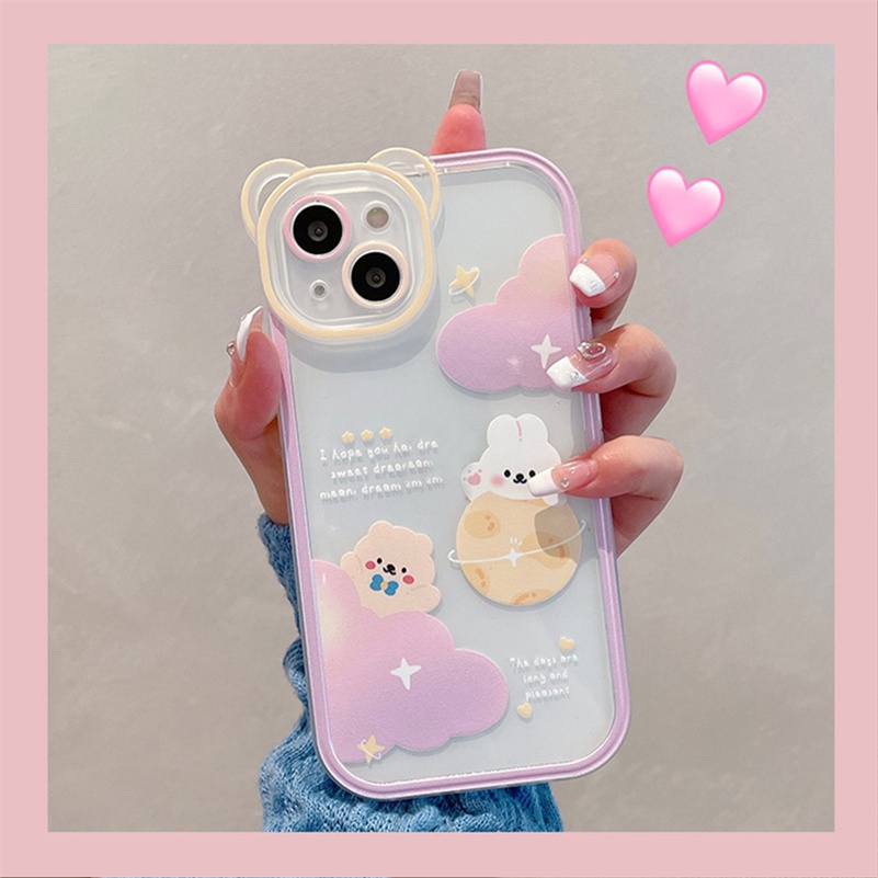 Soft Case TPU Transparan Motif Bulan Kelinci Beruang Untuk iPhone 13 12 11 Pro Max X Xr Xs Max SE 2020 8 7 6 6s Plus