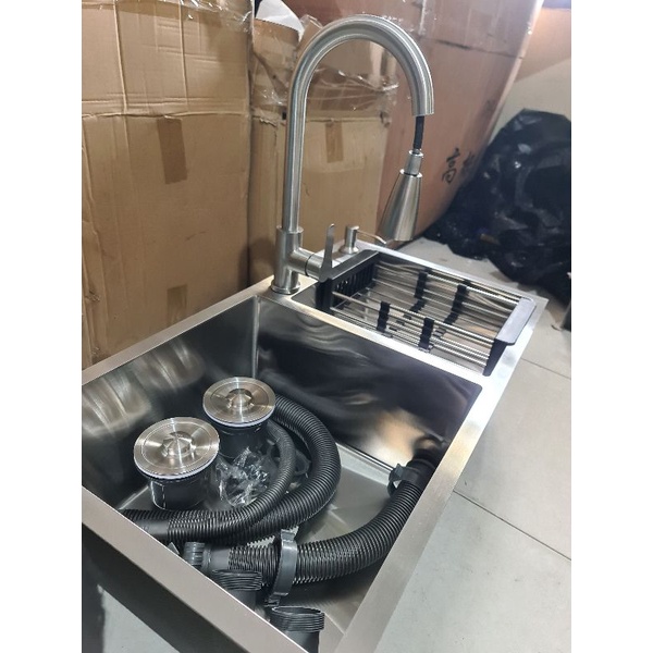 KITCHEN SINK / Bak cuci piring 2 lubang tebal stainless 304 tebal 3mm 82cm PAKET KOMPLIT PROMO