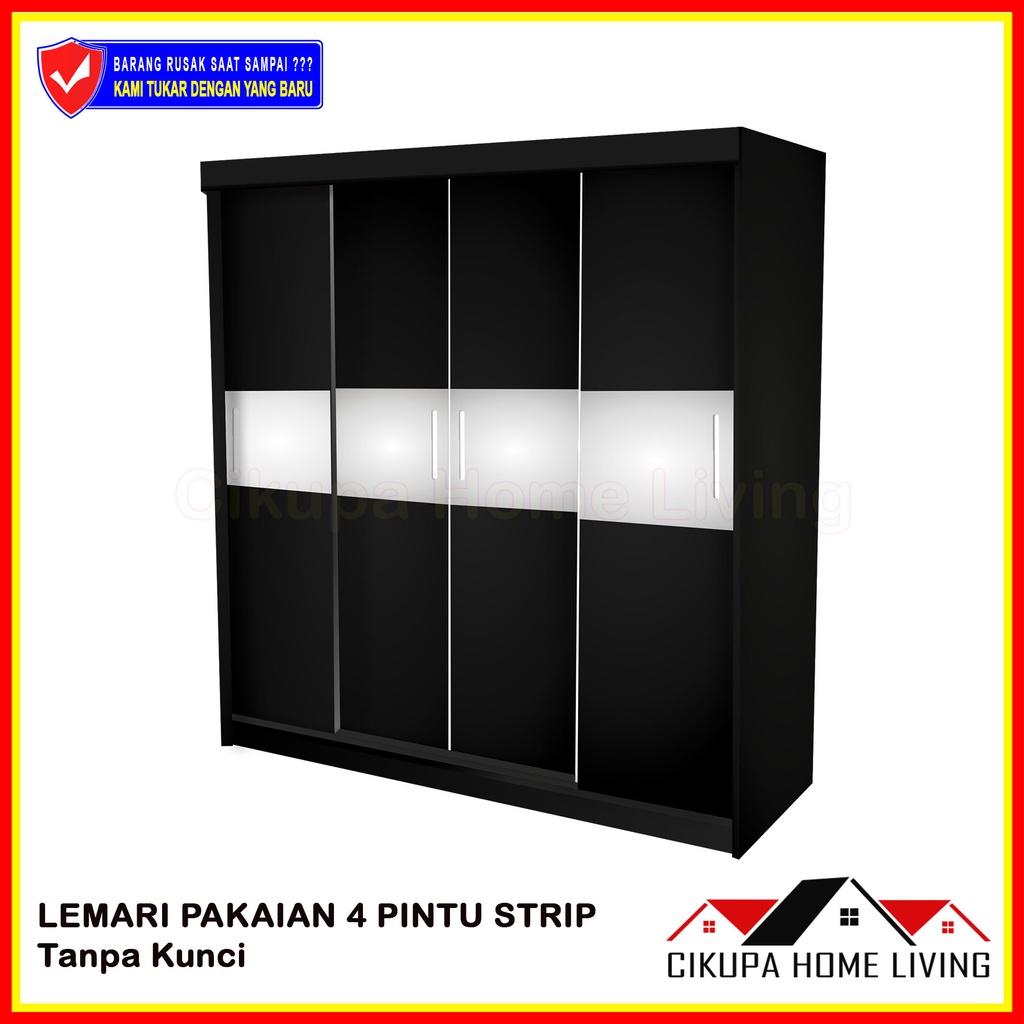 LEMARI PAKAIAN SLIDING DOOR 4 PINTU HPL STRIP - TANPA KUNCI