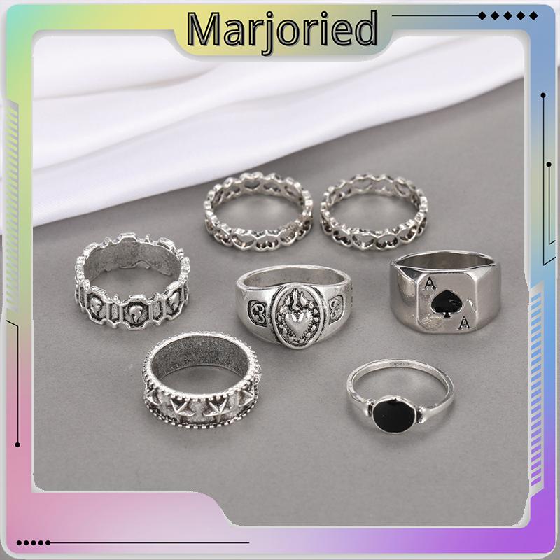 7 Pcs Cincin Jari Bentuk Hati Tidak Teratur Warna-Warni Gaya Punk Retro Untuk Pria-MJD