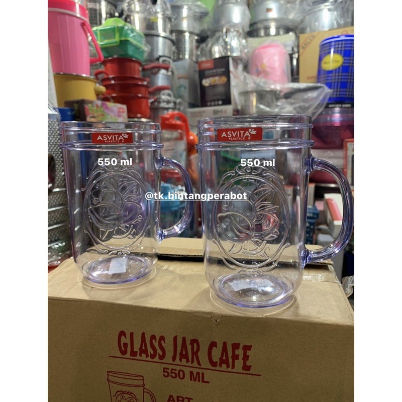 Glass Jar Cafe 550 ml Gagang / Gelas Plastik Gagang / Gelas Mika