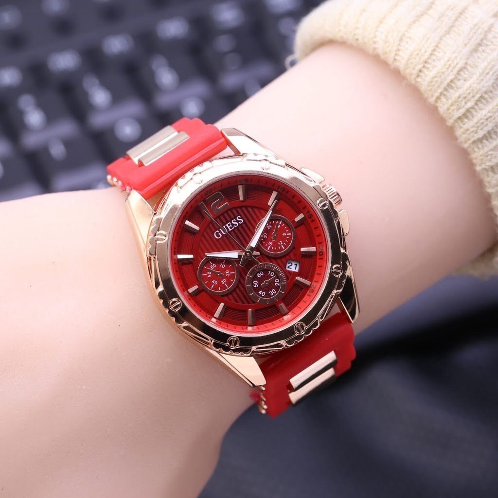 Jam tangan wanita GUESS tali rubber karet fashion TANGGAL AKTIF free baterai cadangan GC001 GC002