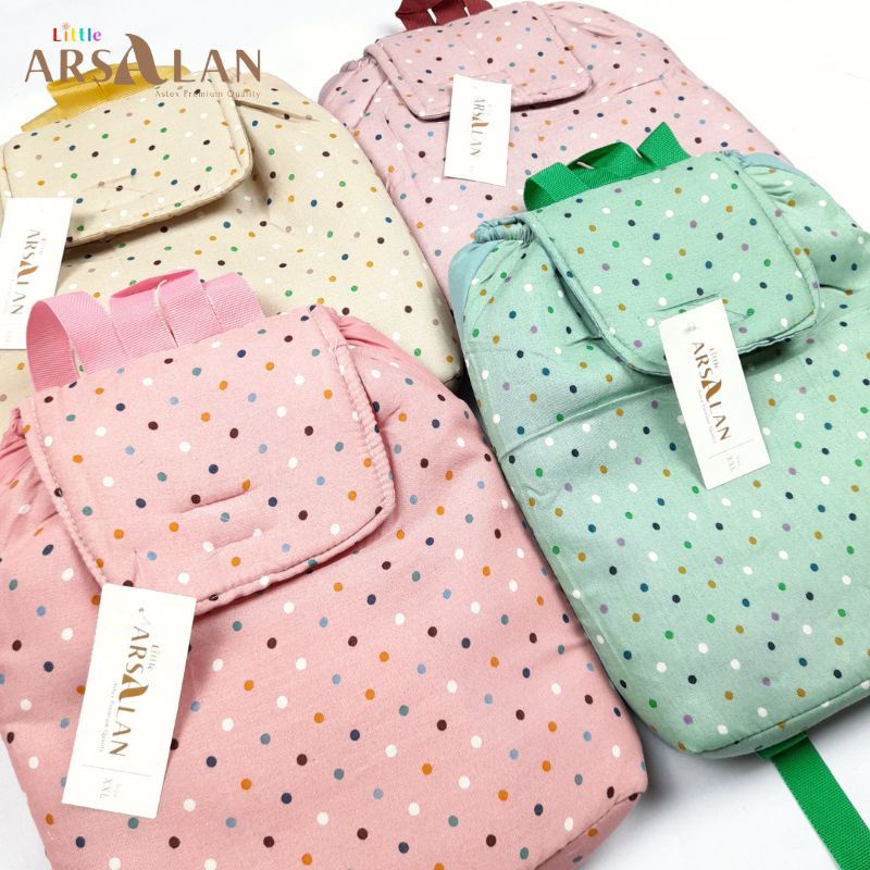 Mukena Anak ( Umur 3- 12 tahun) Rayon Tas ransel polkadot Cantik simple