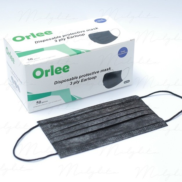 Masker Orlee Disposable Hitam 3 ply Earloop Original Emboss 50 pcs Black